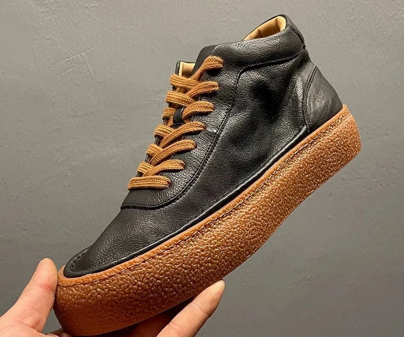 2025 New Men's Fleece Lined High Top Shoes, Retro Leather Work Boots with Chunky Sole, All-Day Comfort Winter Casual Sneakers