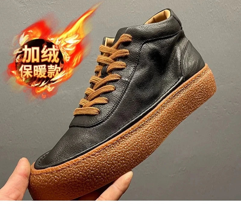 2025 New Men's Fleece Lined High Top Shoes, Retro Leather Work Boots with Chunky Sole, All-Day Comfort Winter Casual Sneakers