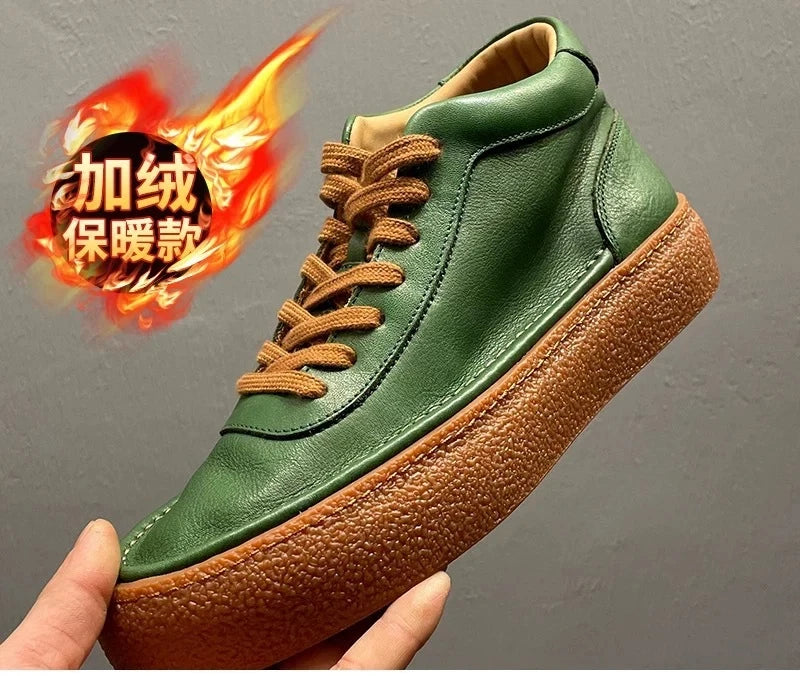 2025 New Men's Fleece Lined High Top Shoes, Retro Leather Work Boots with Chunky Sole, All-Day Comfort Winter Casual Sneakers