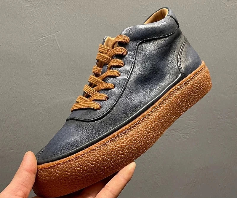 2025 New Men's Fleece Lined High Top Shoes, Retro Leather Work Boots with Chunky Sole, All-Day Comfort Winter Casual Sneakers