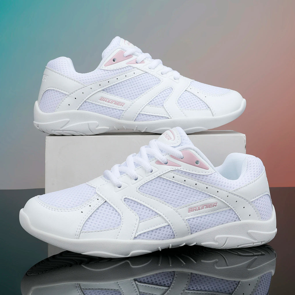 BAXINIER Youth Girls White Cheerleading Dancing Shoes Athletic Training Tennis Walking Breathable Competition Cheer Sneakers
