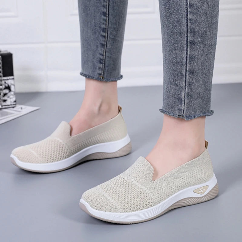2025 Breathable Wedge Heel Loafers Women Spring Summer Slip On Knitted Sports Shoes Woman Anti Slip Soft Sole Walking Lady Shoes