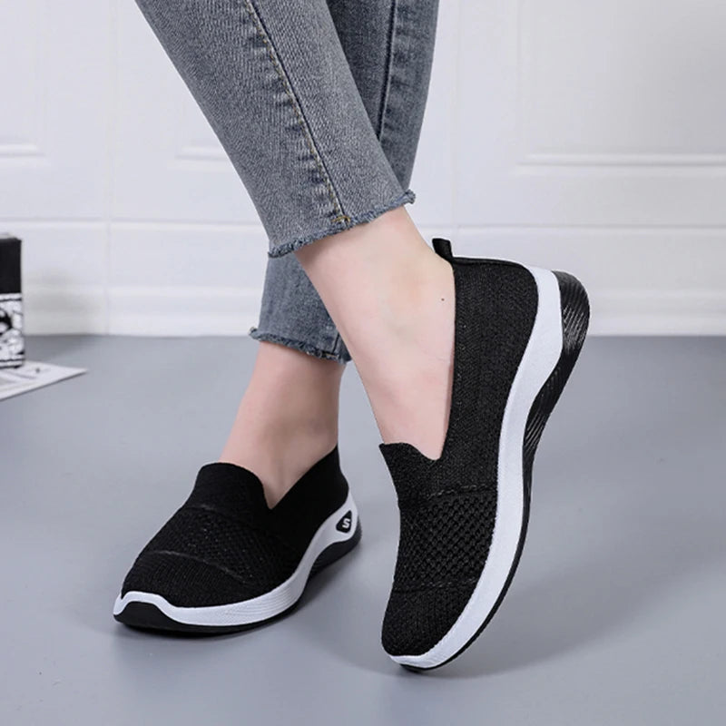 2025 Breathable Wedge Heel Loafers Women Spring Summer Slip On Knitted Sports Shoes Woman Anti Slip Soft Sole Walking Lady Shoes