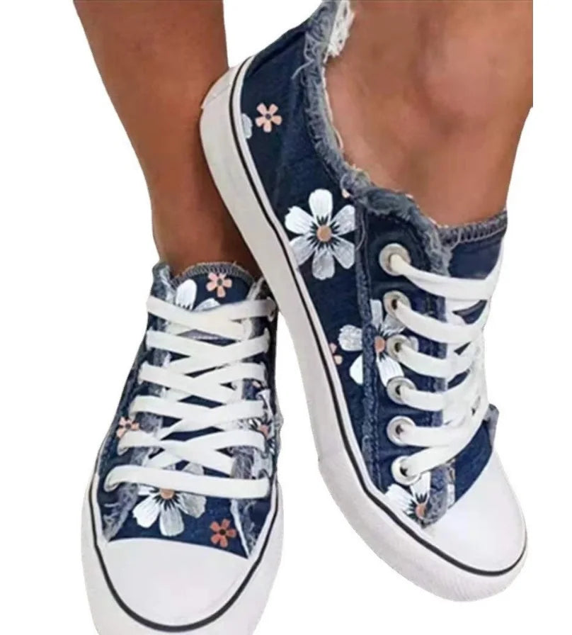 2022 New Women Comfortable  Denim Canvas Flats Flower Vulcanized Female Summer Fashion Lace-up Sneakers Ladies Casual Shoes