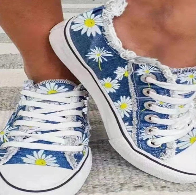 2022 New Women Comfortable  Denim Canvas Flats Flower Vulcanized Female Summer Fashion Lace-up Sneakers Ladies Casual Shoes