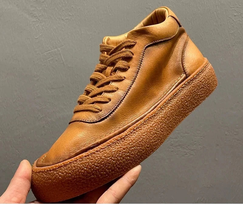 2025 New Men's Fleece Lined High Top Shoes, Retro Leather Work Boots with Chunky Sole, All-Day Comfort Winter Casual Sneakers